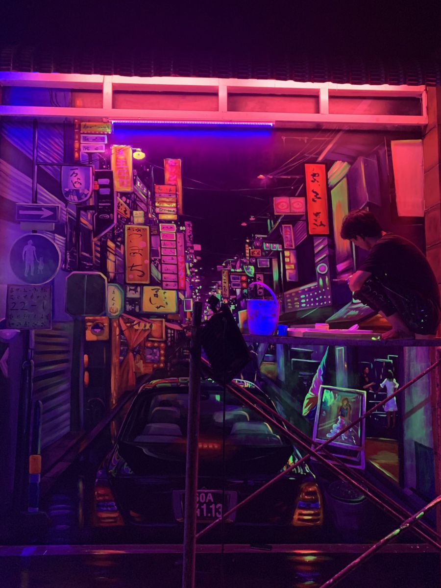 vẽ tranh tường 3d phát sáng phố HongKong
