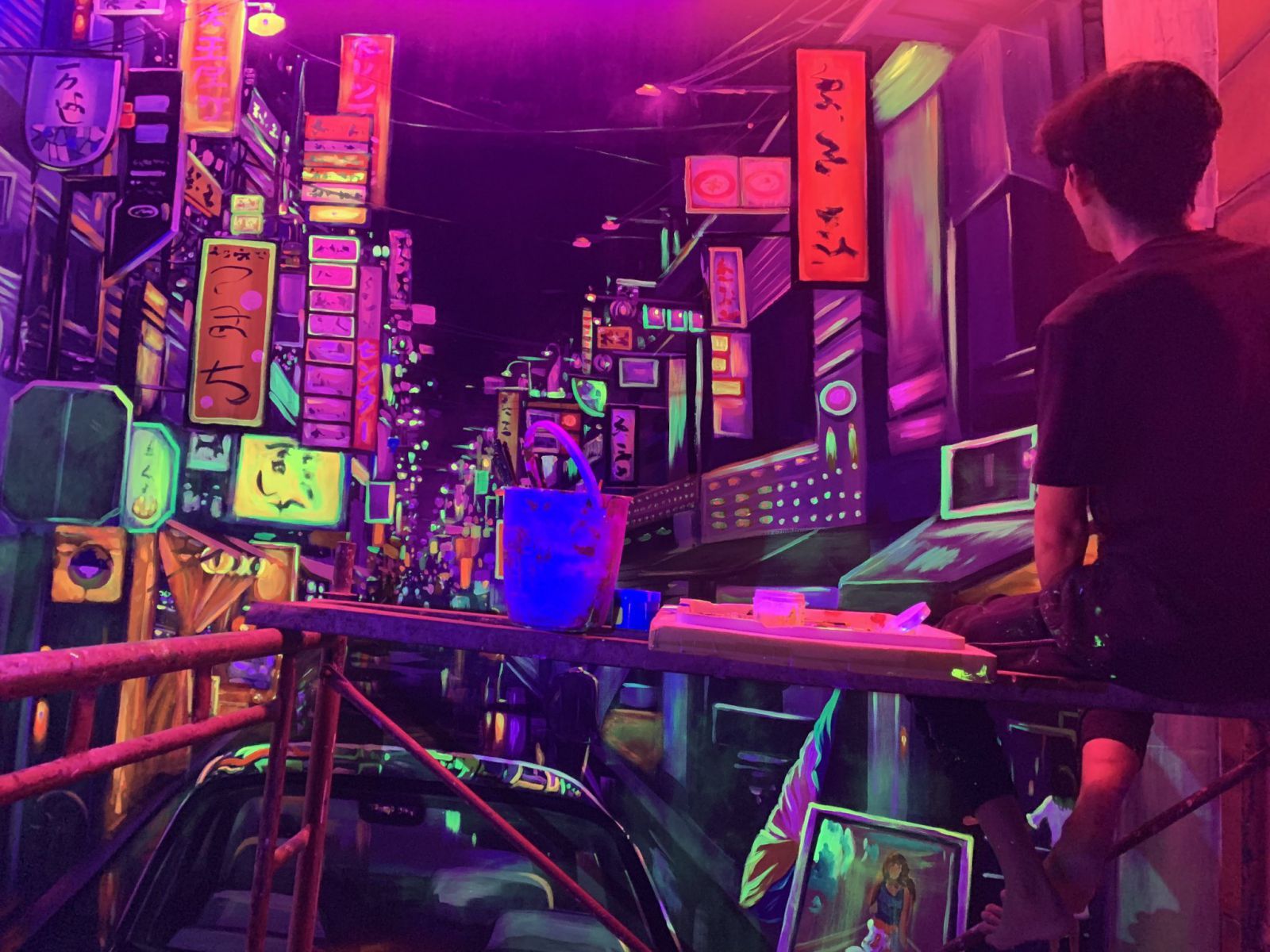 vẽ tranh tường 3d phát sáng phố HongKong