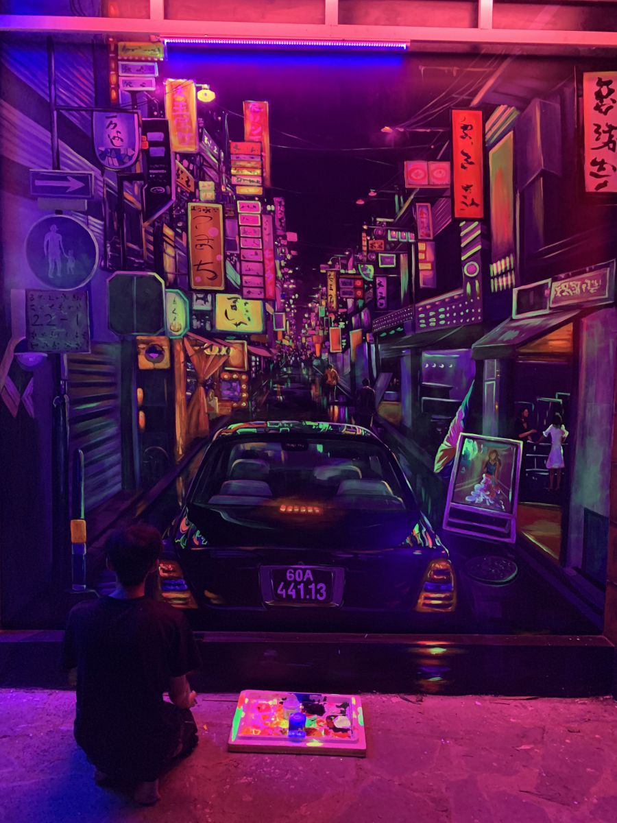 vẽ tranh tường 3d phát sáng phố HongKong
