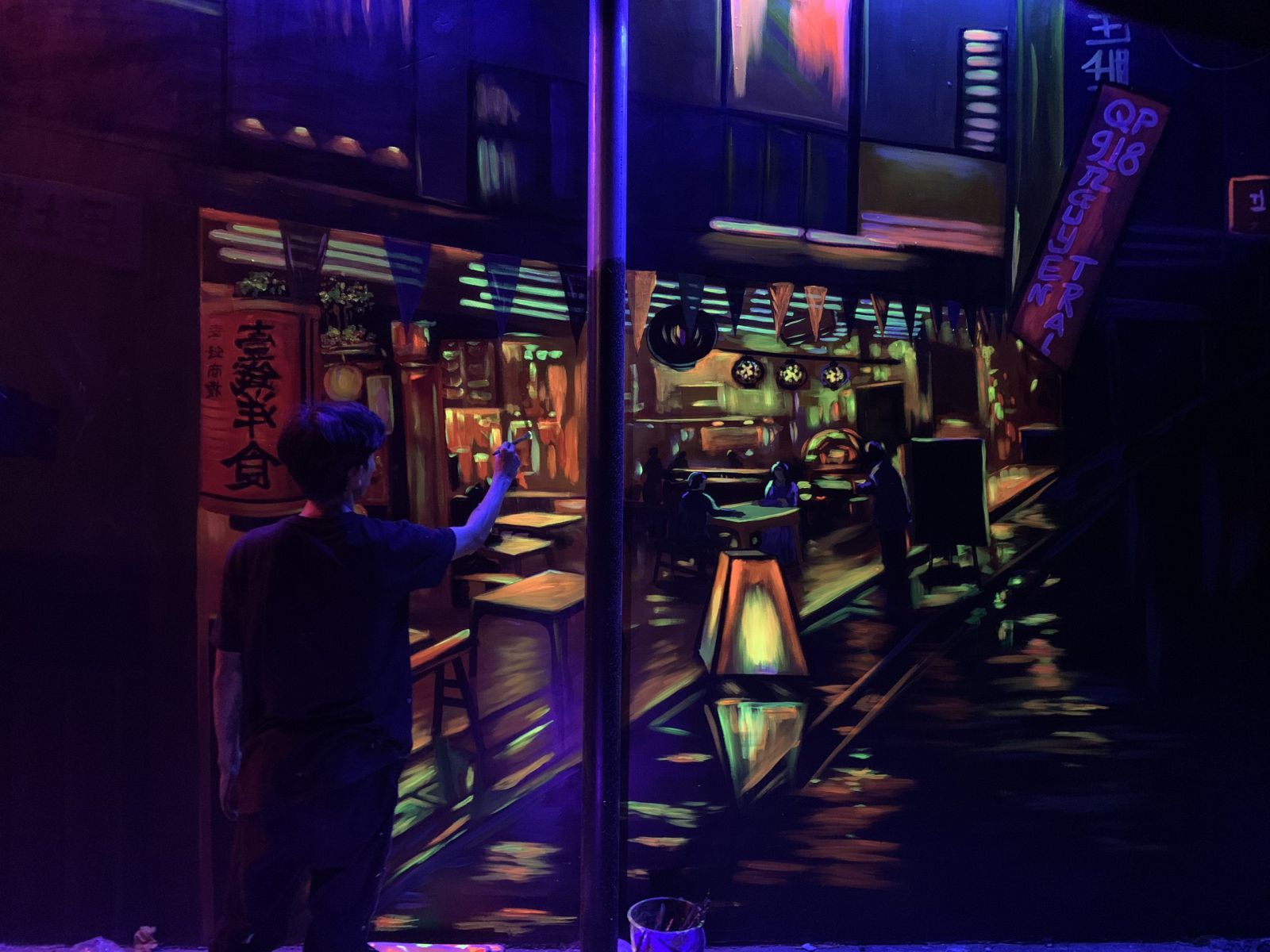 vẽ tranh tường 3d phát sáng phố HongKong