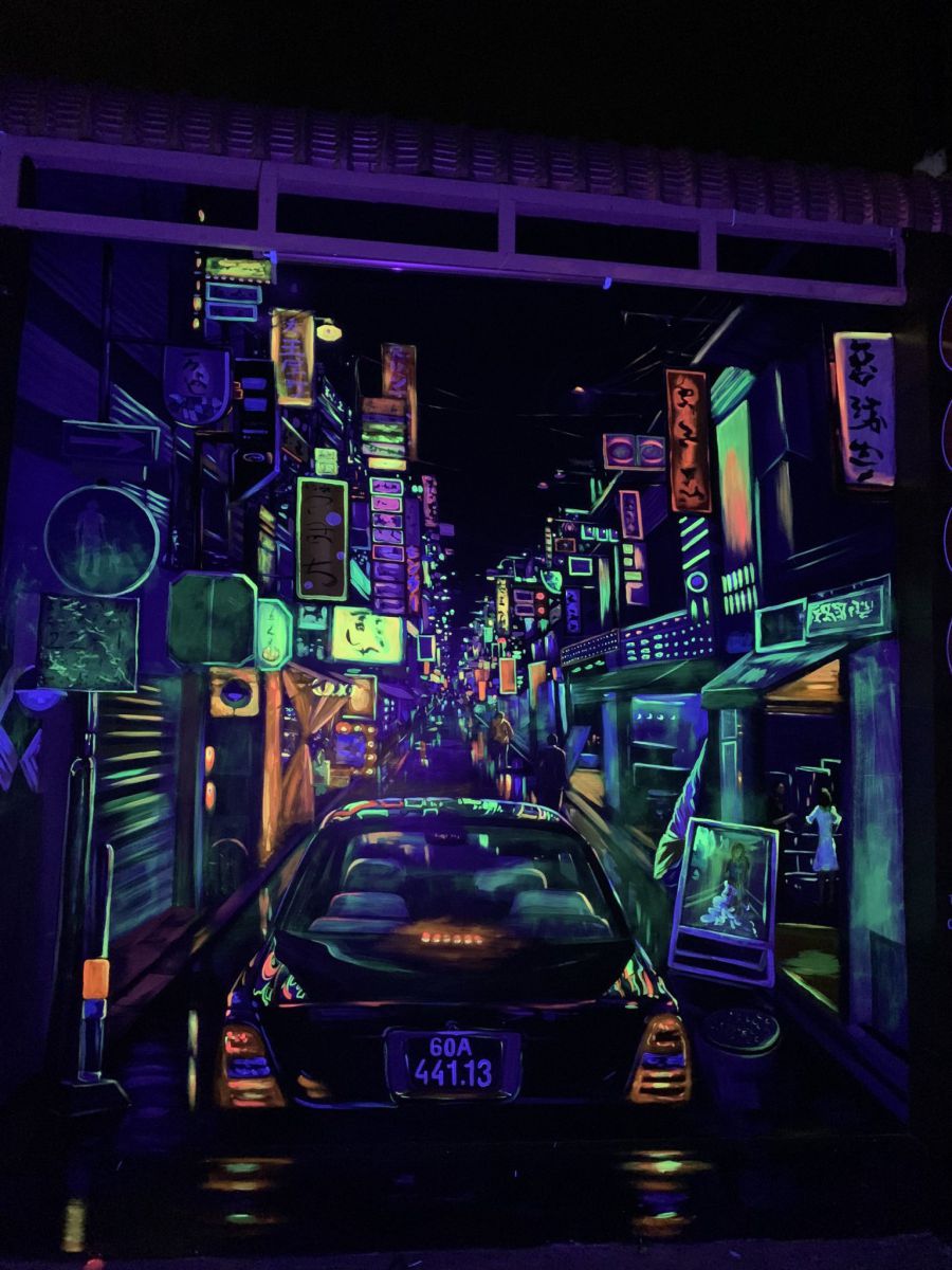 vẽ tranh tường 3d phát sáng phố HongKong