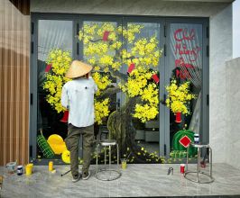 Vẽ Tranh Kính Mai Vàng, Hoa Đào Ngày Tết – Ý Tưởng Trang Trí Cửa Kính Đậm Sắc Xuân