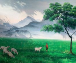Vẽ phong cảnh chú bé chăn dê cho không gian quán dê