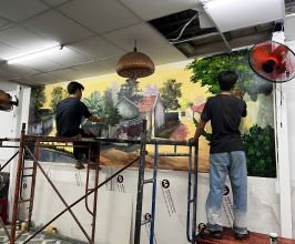 VẼ TRANH TƯỜNG PHONG CẢNH LÀNG QUÊ CHO QUÁN BÚN ĐẬU MẮM TÔM MẠC VĂN KHOA