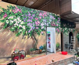 VẼ ĐIỂM CHECK-IN CÂY HOA GIẤY ĐẮP NỔI CHO QUÁN ĂN – TẠO KHÔNG GIAN NGHỆ THUẬT ĐỘC ĐÁO