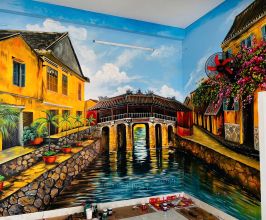 VẼ TRANH TƯỜNG CHÙA CẦU HỘI AN CHO QUÁN ĂN HOÀI CỔ – TÁI HIỆN VẺ ĐẸP PHỐ XƯA ĐẦY HOÀI NIỆM
