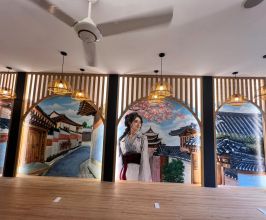 VẼ TRANH TƯỜNG 3D CHECK-IN CHÂN DUNG CÔ GÁI VÀ PHONG CẢNH HÀN QUỐC CHO NHÀ HÀNG SEOUL