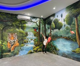 Vẽ tranh tường 3D rừng nhiệt đới – Mang thiên nhiên vào không gian cà phê du lịch
